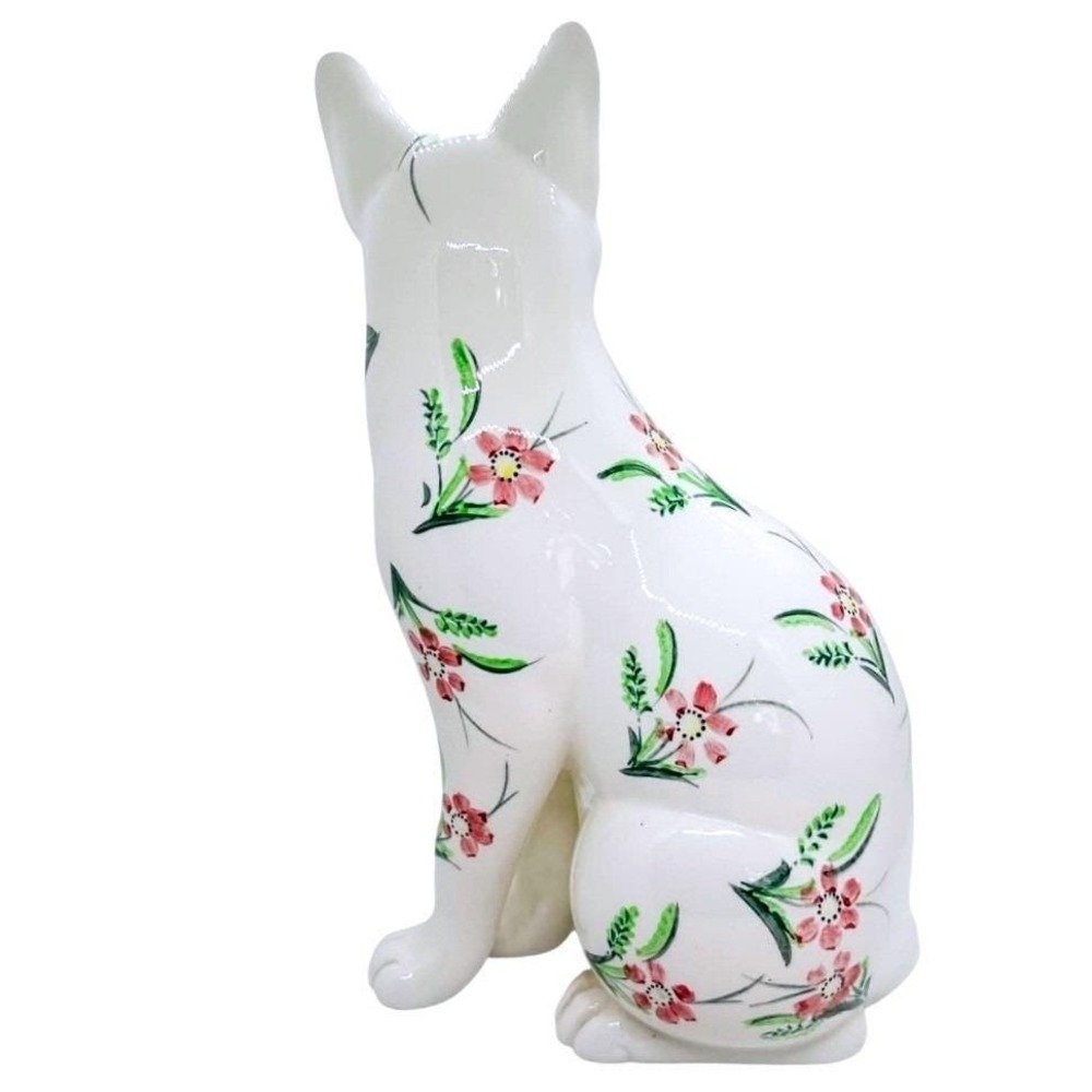 Vintage Norleans Cat Figurine Hand Painted Ceramic Pink Floral White‎ Green Eyes - Picture 3 of 5